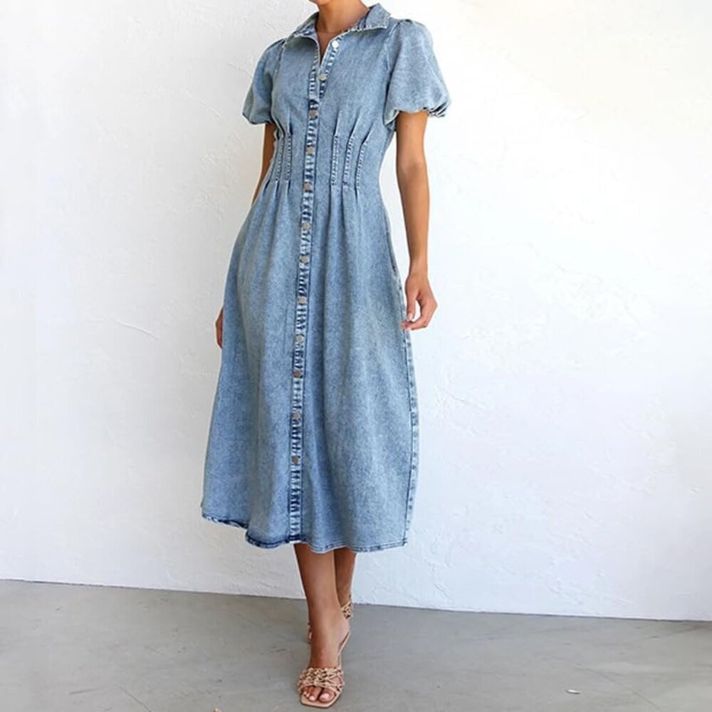 Women Denim Dress Long Puff Sleeve Button-Down Casual Slim Fit Midi - Picture 5 of 6